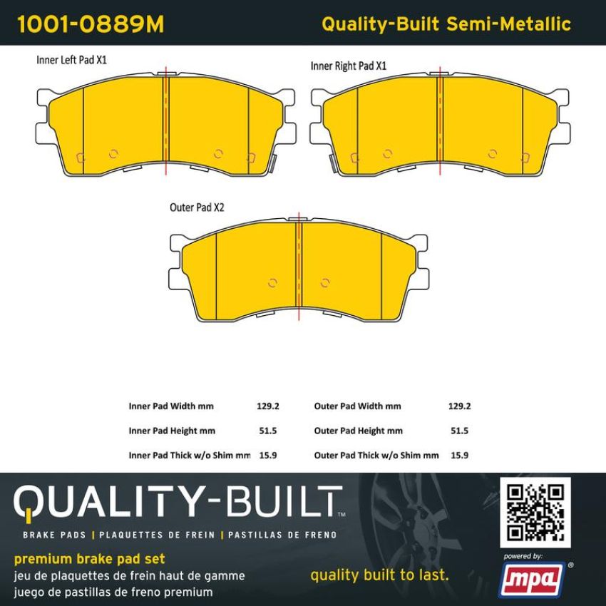 MPA 1001-0889M Quality-Built Premium Semi-Metallic Brake Pads w/ Hardware