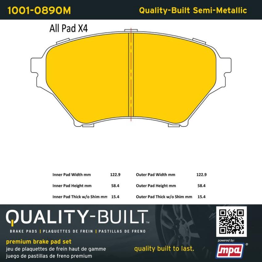 MPA 1001-0890M Quality-Built Premium Semi-Metallic Brake Pads w/ Hardware