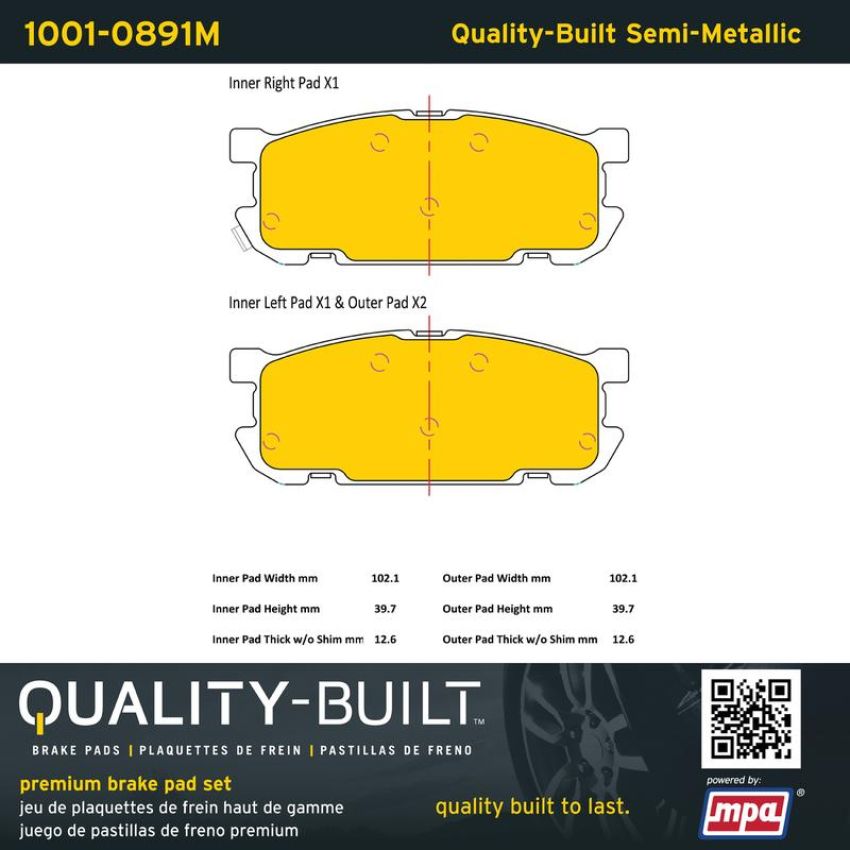 MPA 1001-0891M Quality-Built Premium Semi-Metallic Brake Pads