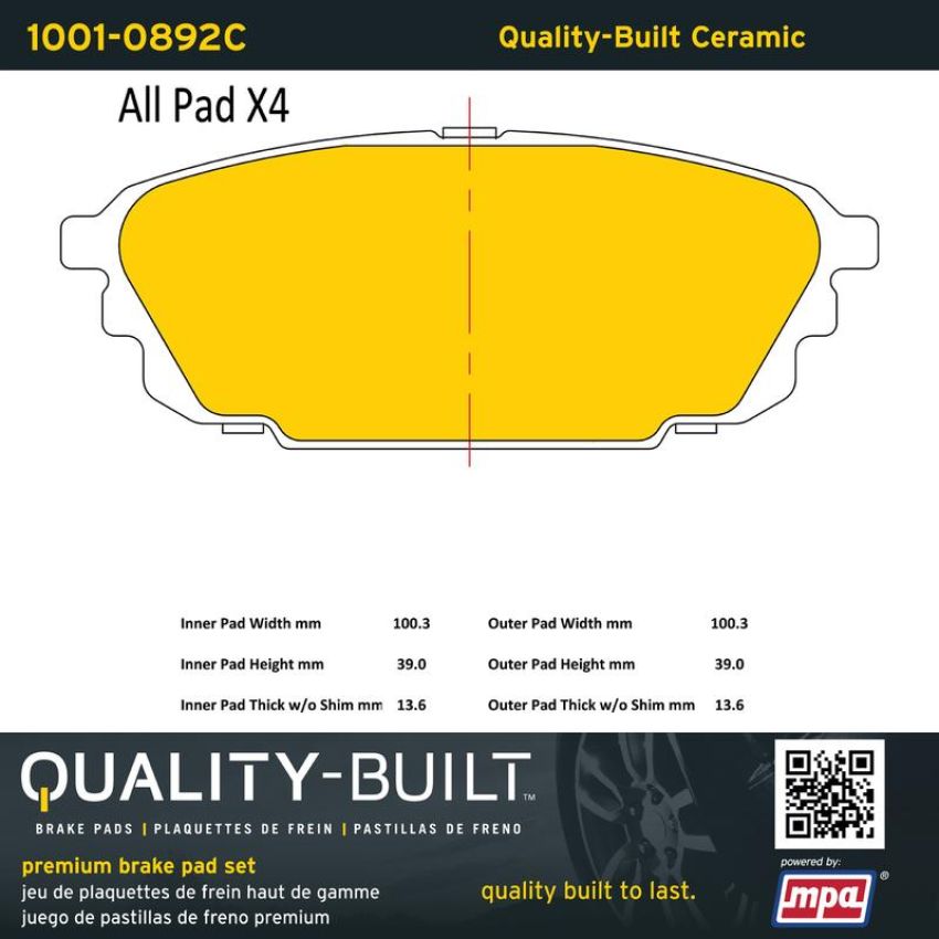 MPA 1001-0892C Quality-Built Premium Ceramic Brake Pads w/ Hardware