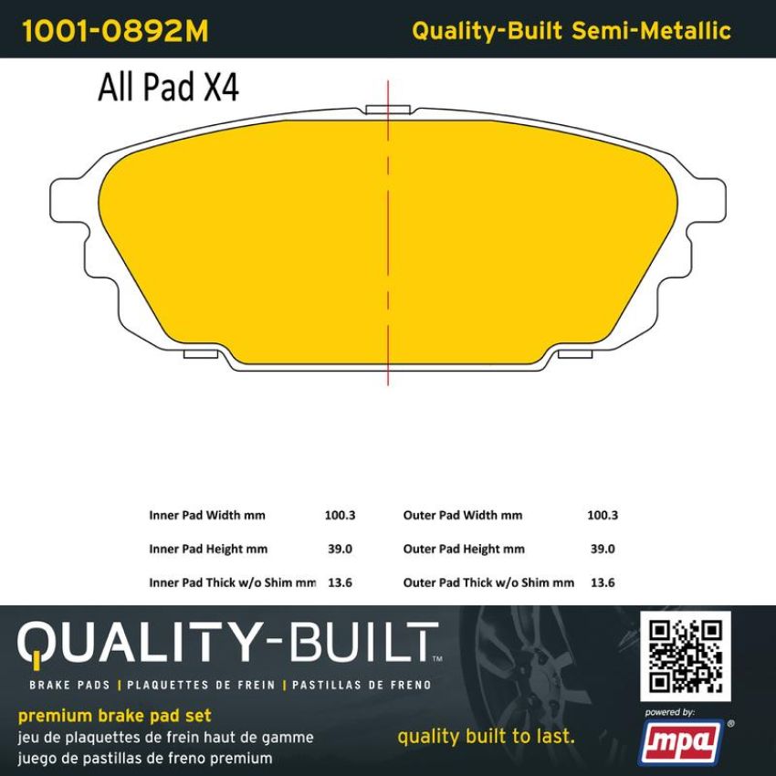 MPA 1001-0892M Quality-Built Premium Semi-Metallic Brake Pads w/ Hardware
