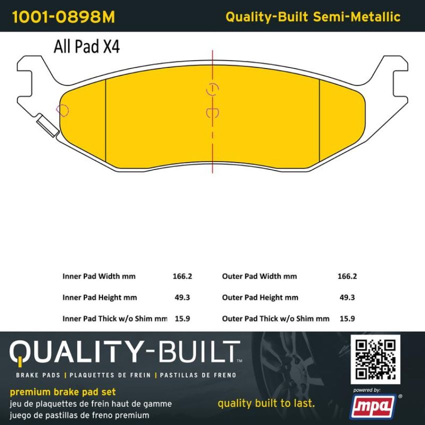 MPA 1001-0898M Quality-Built Premium Semi-Metallic Brake Pads w/ Hardware