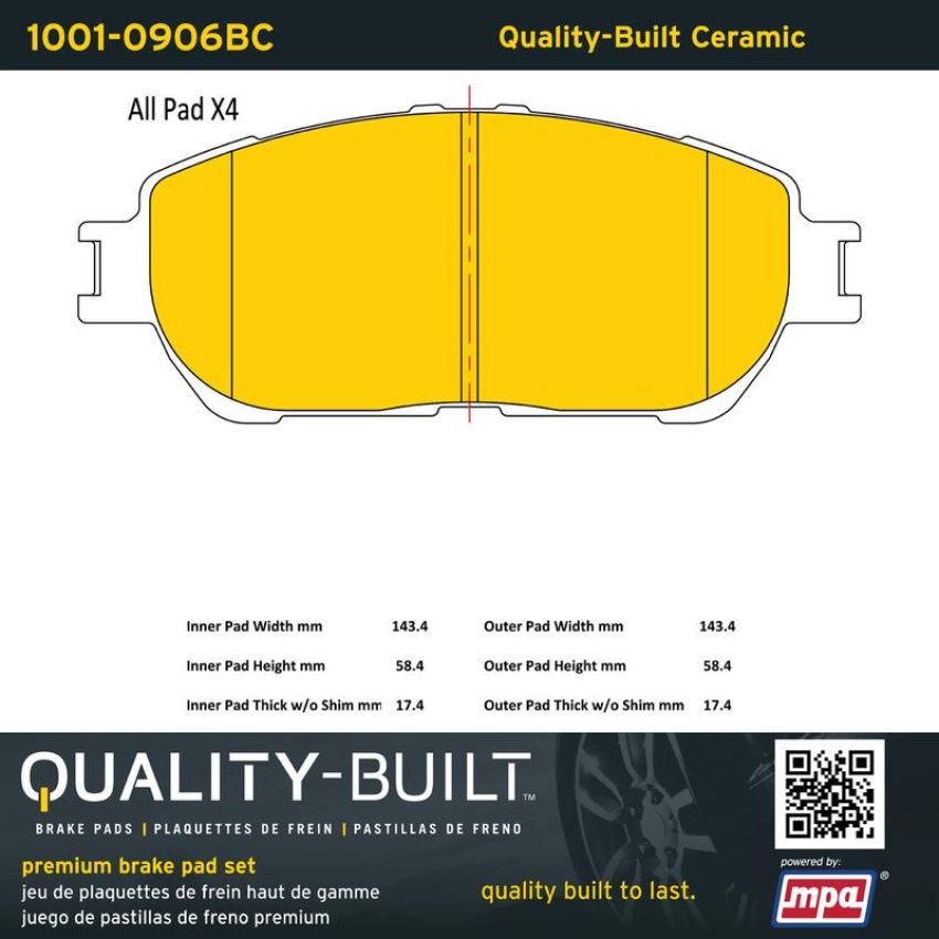 MPA 1001-0906BC Quality-Built Premium Ceramic Brake Pads w/ Hardware