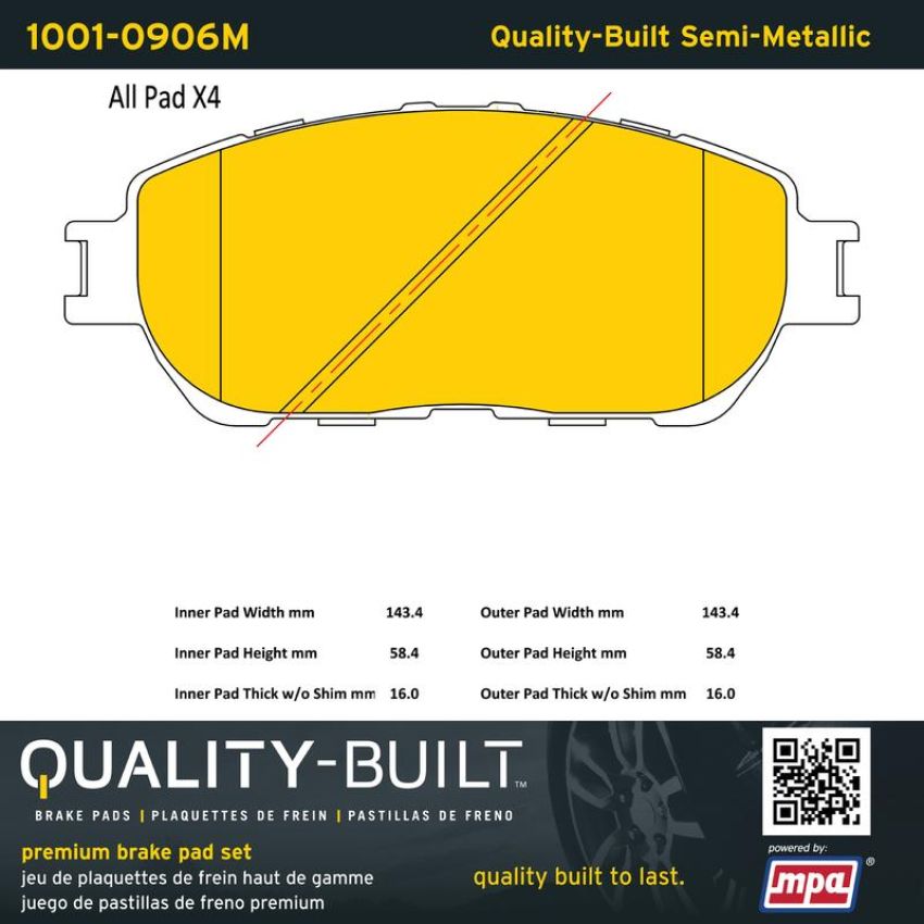 MPA 1001-0906M Quality-Built Premium Semi-Metallic Brake Pads w/ Hardware