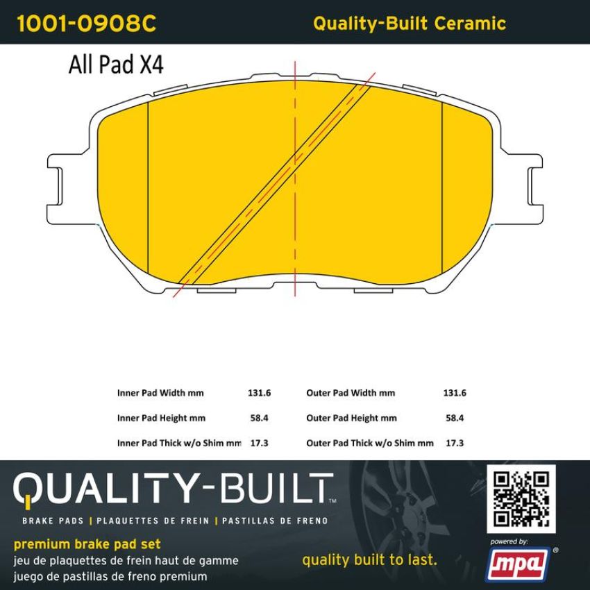 MPA 1001-0908C Quality-Built Premium Ceramic Brake Pads w/ Hardware