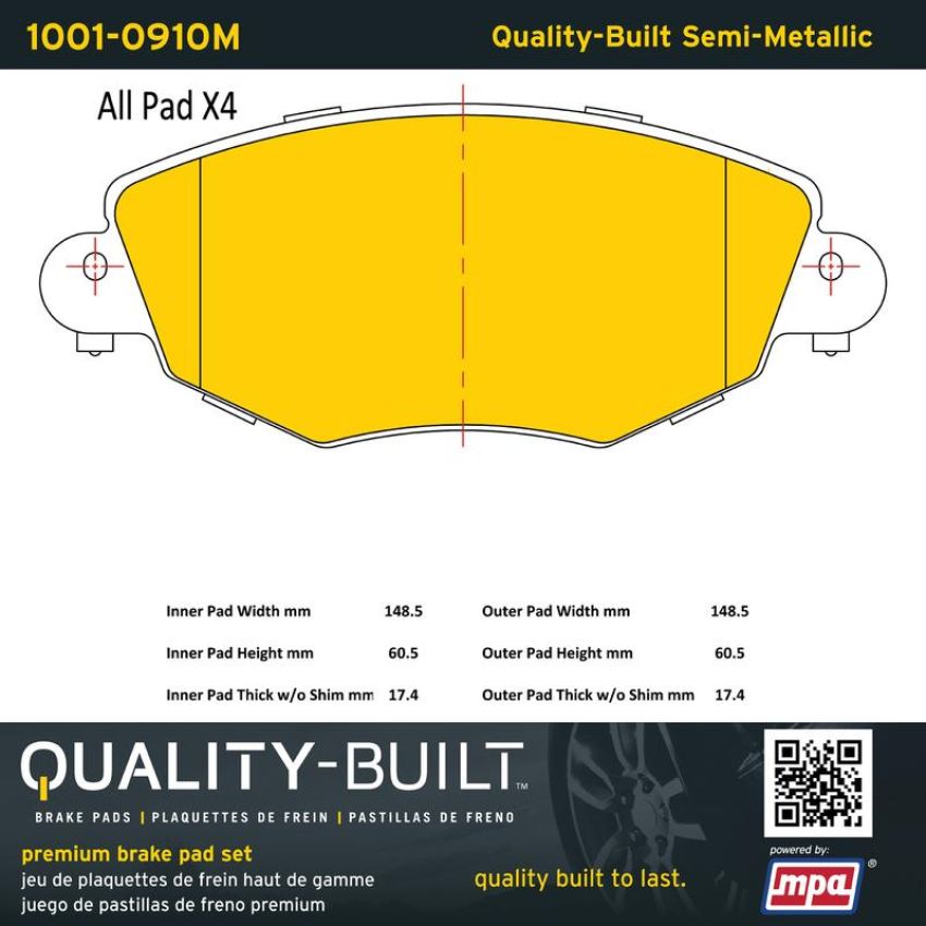 MPA 1001-0910M Quality-Built Premium Semi-Metallic Brake Pads