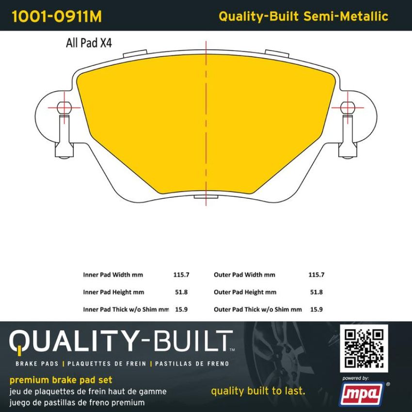 MPA 1001-0911M Quality-Built Premium Semi-Metallic Brake Pads
