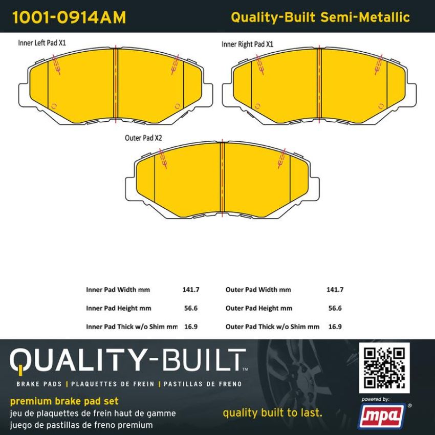 MPA 1001-0914AM Quality-Built Premium Semi-Metallic Brake Pads w/ Hardware