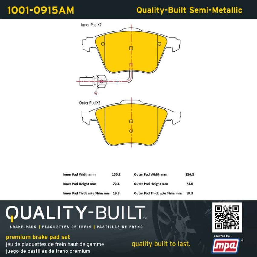 MPA 1001-0915AM Quality-Built Premium Semi-Metallic Brake Pads w/ Hardware