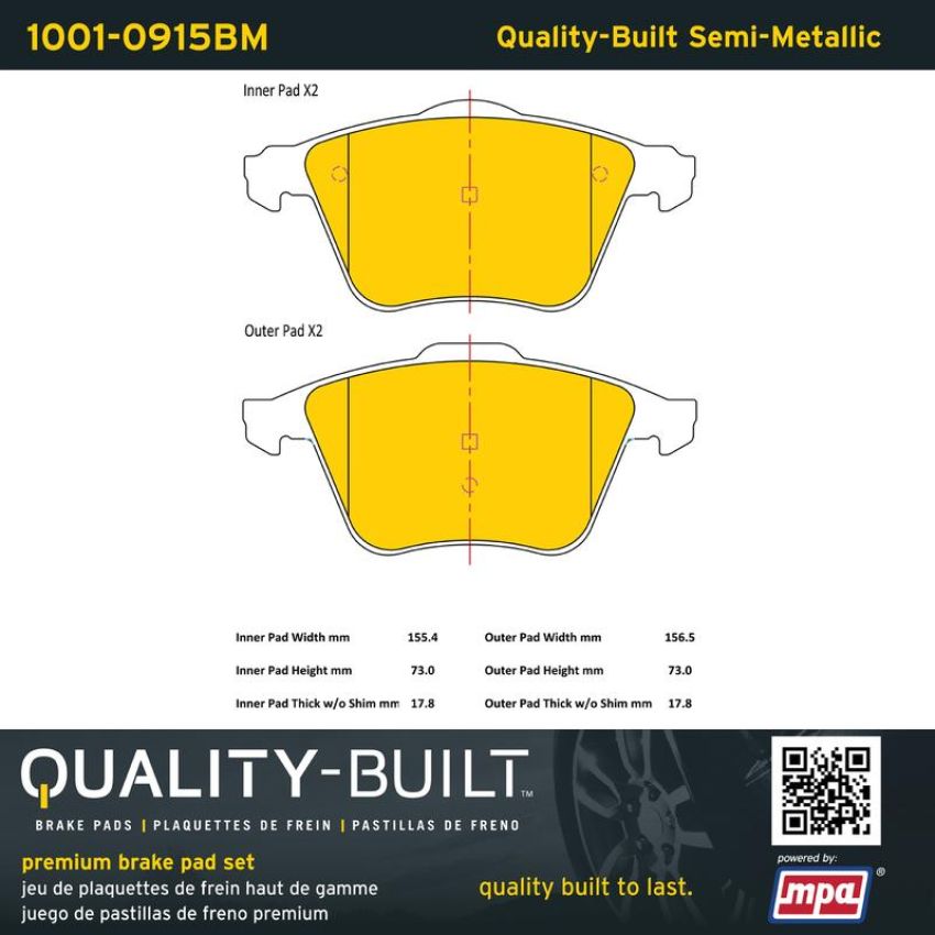 MPA 1001-0915BM Quality-Built Premium Semi-Metallic Brake Pads w/ Hardware