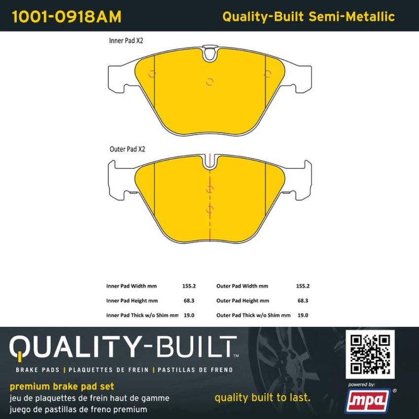 MPA 1001-0918AM Quality-Built Premium Semi-Metallic Brake Pads w/ Hardware