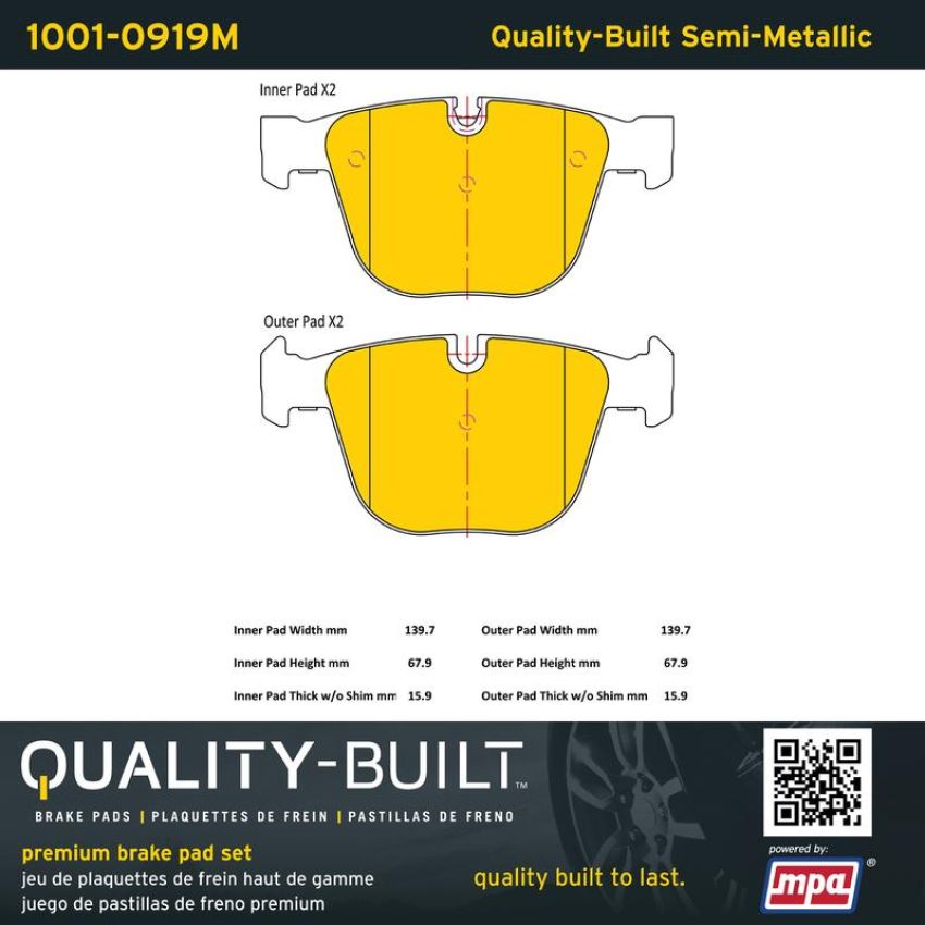 MPA 1001-0919M Quality-Built Premium Semi-Metallic Brake Pads w/ Hardware