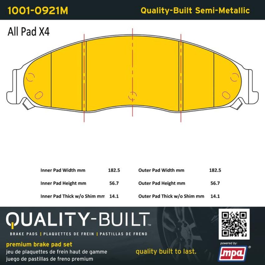 MPA 1001-0921M Quality-Built Premium Semi-Metallic Brake Pads w/ Hardware