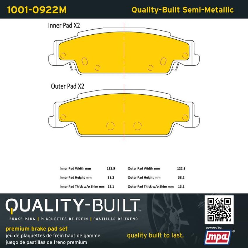 MPA 1001-0922M Quality-Built Premium Semi-Metallic Brake Pads w/ Hardware