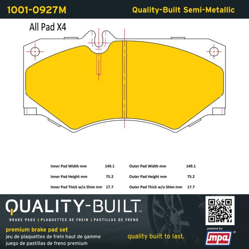 MPA 1001-0927M Quality-Built Premium Semi-Metallic Brake Pads