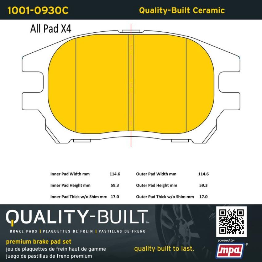 MPA 1001-0930C Quality-Built Premium Ceramic Brake Pads w/ Hardware