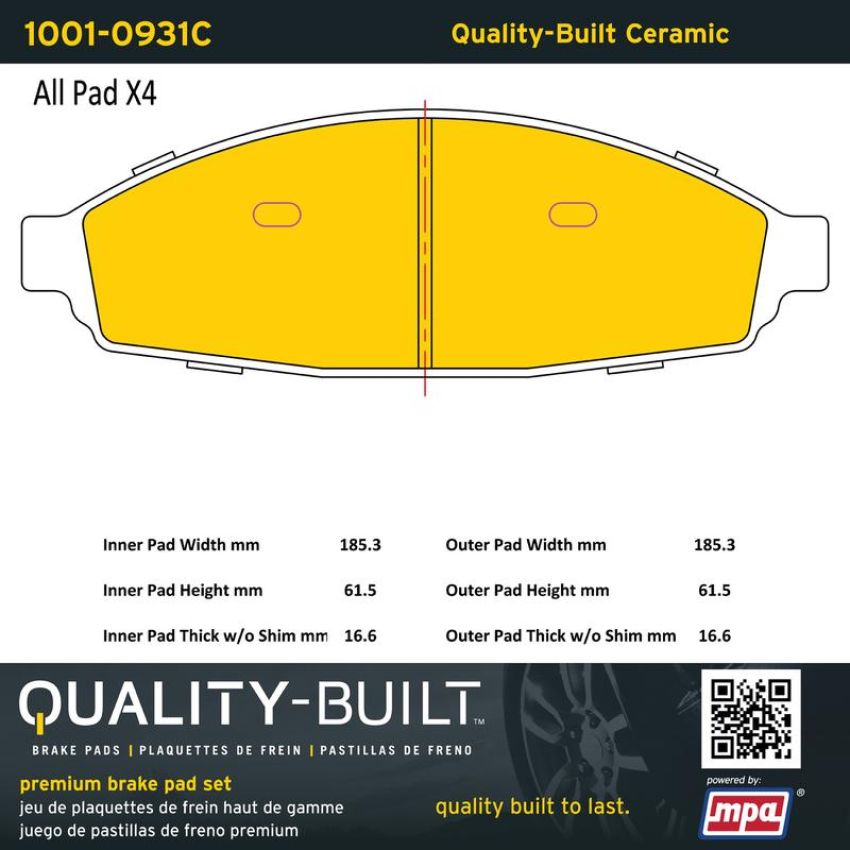 MPA 1001-0931C Quality-Built Premium Ceramic Brake Pads w/ Hardware