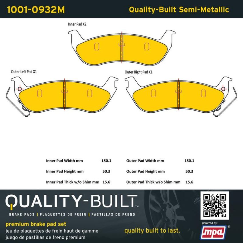 MPA 1001-0932M Quality-Built Premium Semi-Metallic Brake Pads w/ Hardware