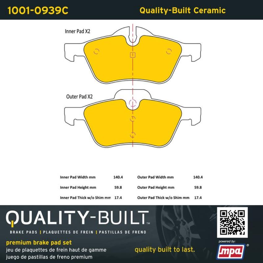 MPA 1001-0939C Quality-Built Premium Ceramic Brake Pads w/ Hardware