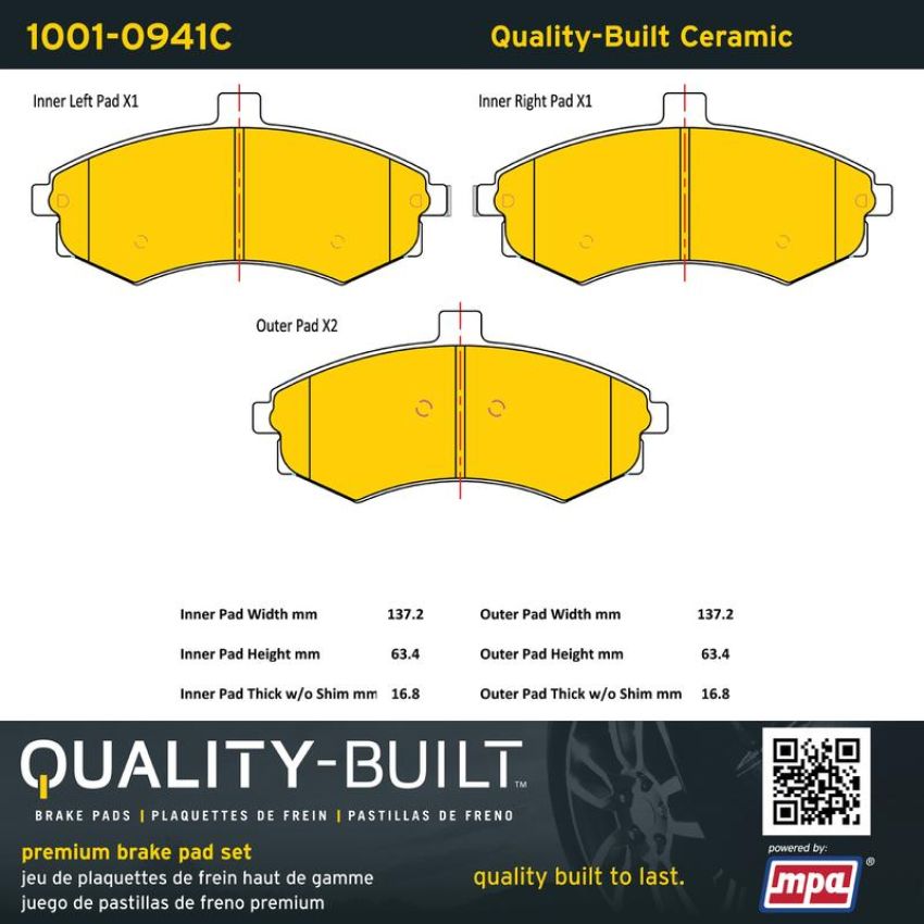 MPA 1001-0941C Quality-Built Premium Ceramic Brake Pads w/ Hardware