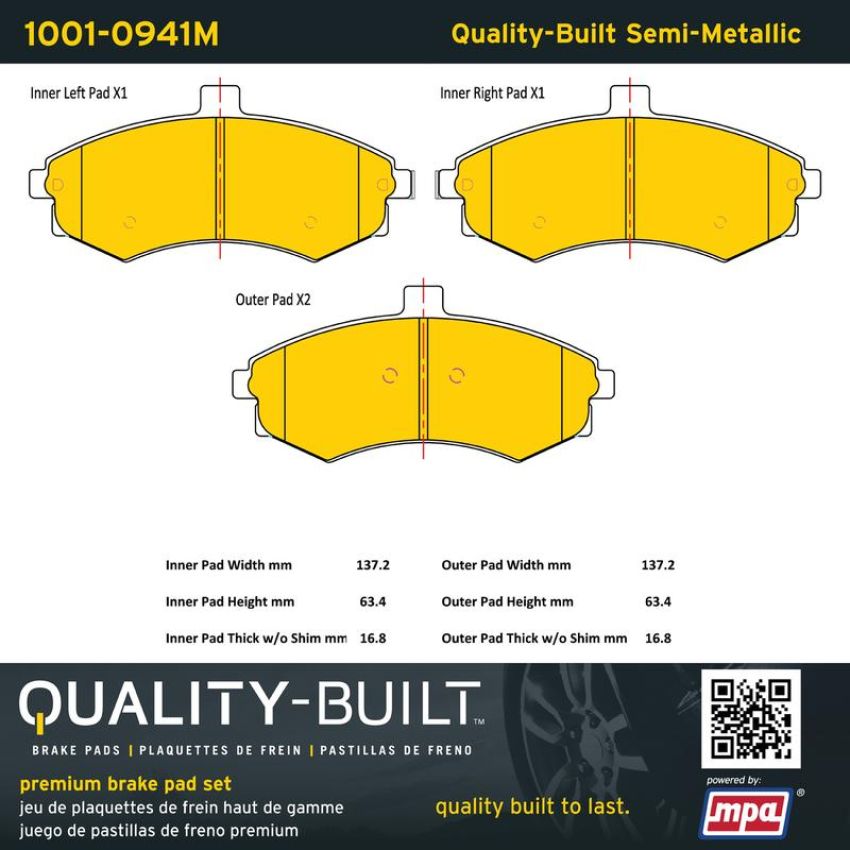 MPA 1001-0941M Quality-Built Premium Semi-Metallic Brake Pads w/ Hardware
