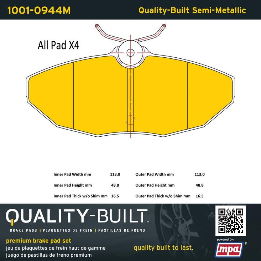 MPA 1001-0944M Quality-Built Premium Semi-Metallic Brake Pads w/ Hardware