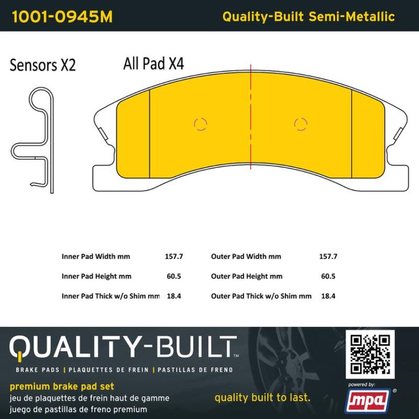 MPA 1001-0945M Quality-Built Premium Semi-Metallic Brake Pads w/ Hardware