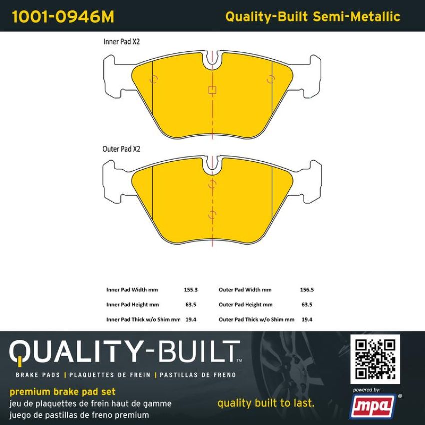 MPA 1001-0946M Quality-Built Premium Semi-Metallic Brake Pads w/ Hardware