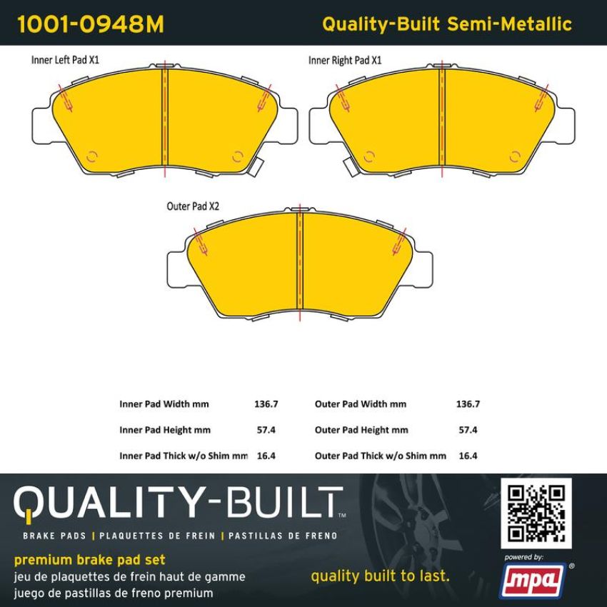 MPA 1001-0948M Quality-Built Premium Semi-Metallic Brake Pads w/ Hardware