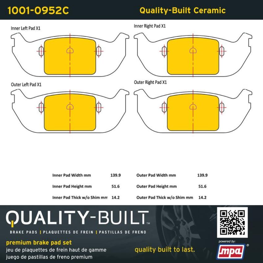 MPA 1001-0952C Quality-Built Premium Ceramic Brake Pads w/ Hardware