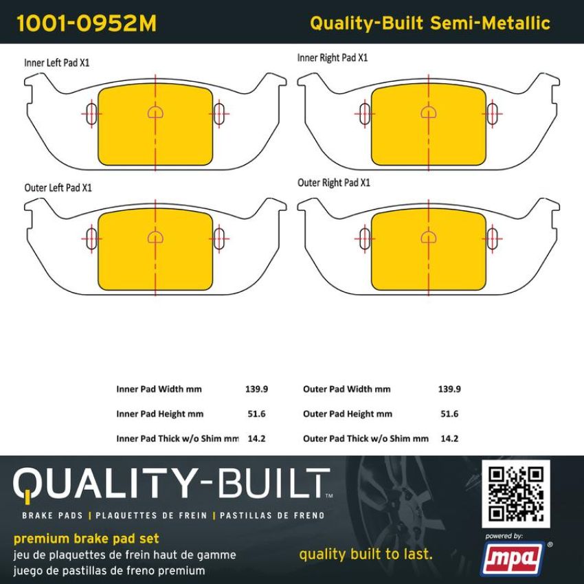 MPA 1001-0952M Quality-Built Premium Semi-Metallic Brake Pads w/ Hardware