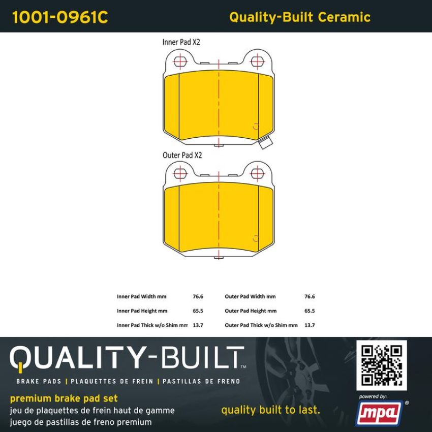 MPA 1001-0961C Quality-Built Premium Ceramic Brake Pads w/ Hardware