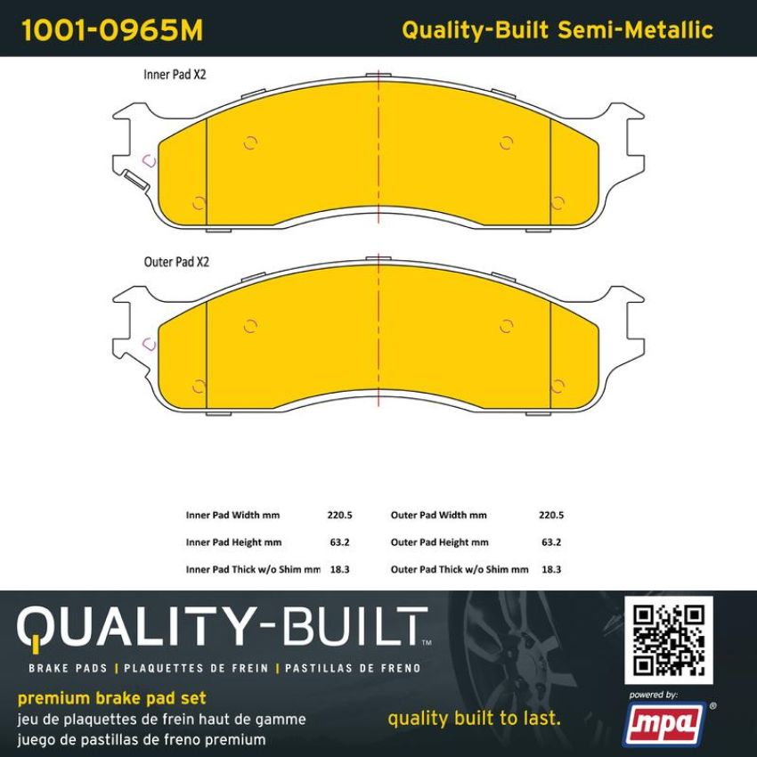 MPA 1001-0965M Quality-Built Premium Semi-Metallic Brake Pads w/ Hardware