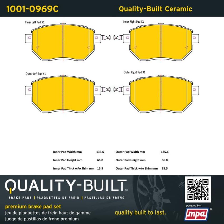 MPA 1001-0969C Quality-Built Premium Ceramic Brake Pads w/ Hardware