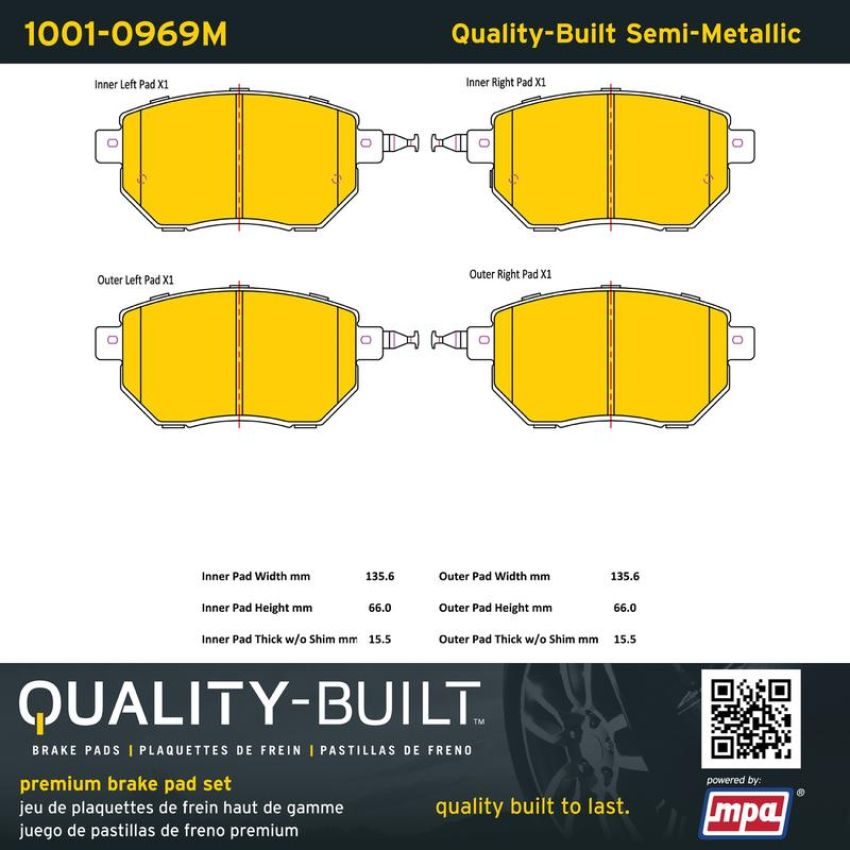 MPA 1001-0969M Quality-Built Premium Semi-Metallic Brake Pads w/ Hardware