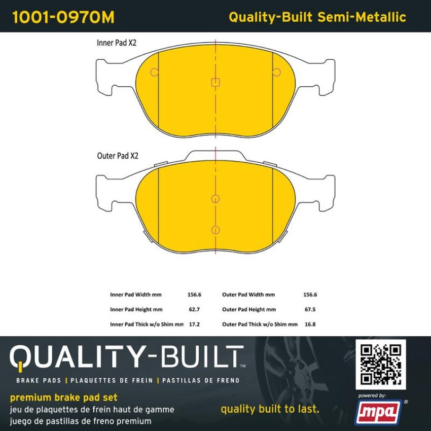 MPA 1001-0970M Quality-Built Premium Semi-Metallic Brake Pads w/ Hardware