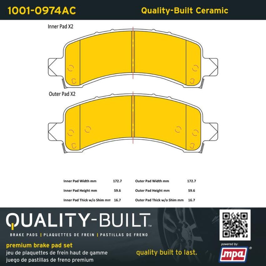 MPA 1001-0974AC Quality-Built Premium Ceramic Brake Pads w/ Hardware