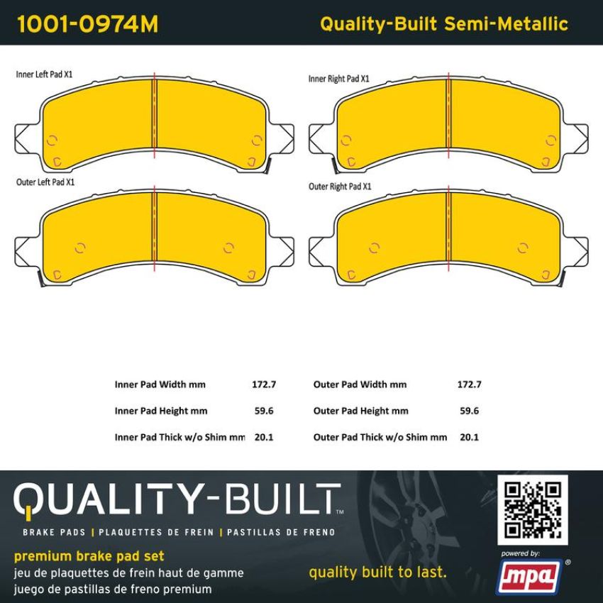 MPA 1001-0974M Quality-Built Premium Semi-Metallic Brake Pads w/ Hardware