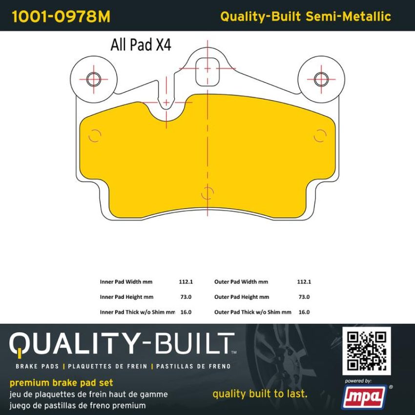 MPA 1001-0978M Quality-Built Premium Semi-Metallic Brake Pads w/ Hardware