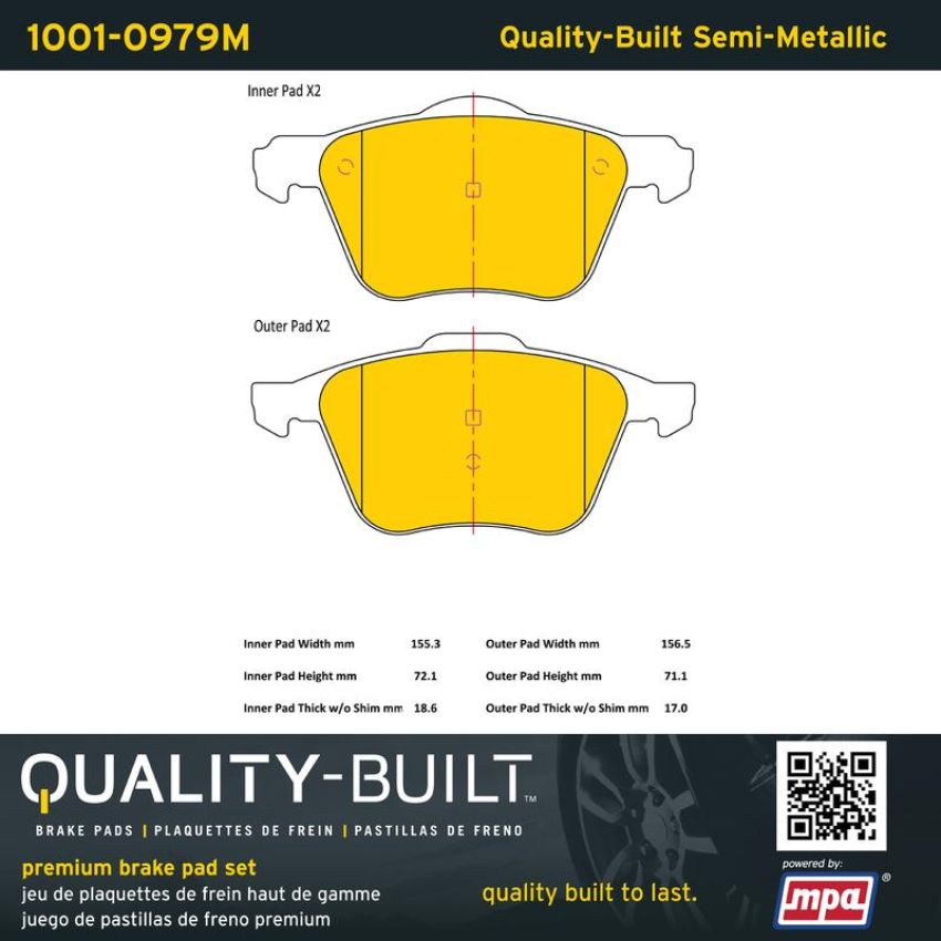 MPA 1001-0979M Quality-Built Premium Semi-Metallic Brake Pads w/ Hardware