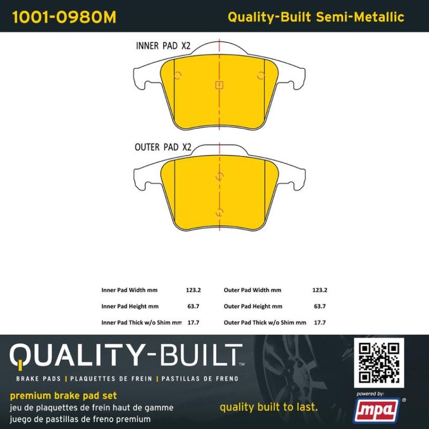 MPA 1001-0980M Quality-Built Premium Semi-Metallic Brake Pads w/ Hardware