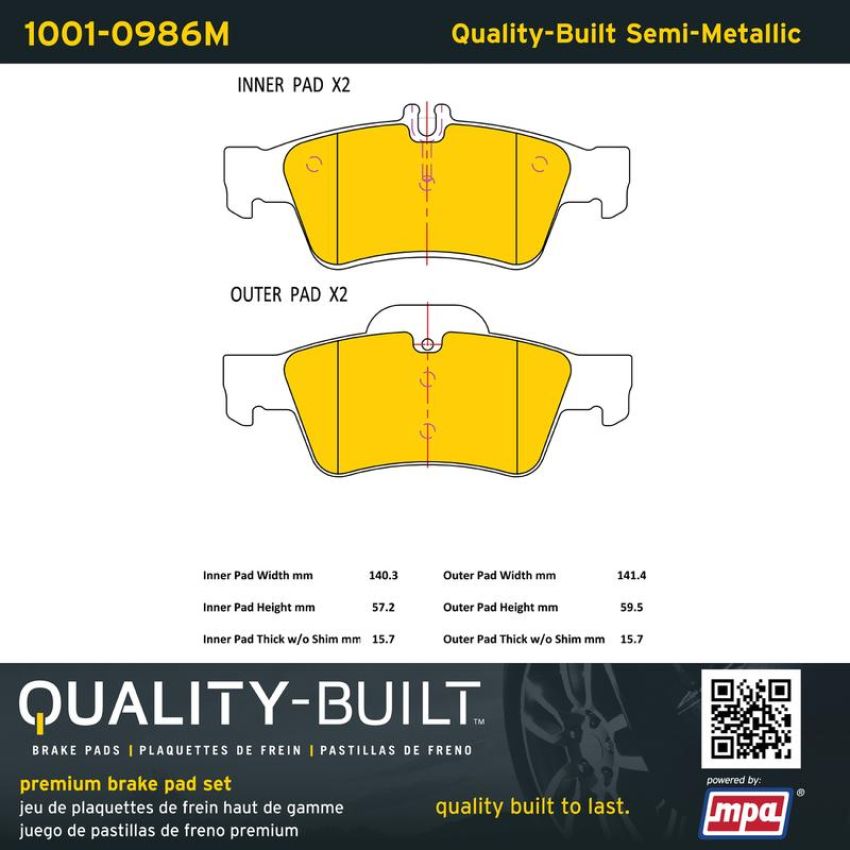 MPA 1001-0986M Quality-Built Premium Semi-Metallic Brake Pads w/ Hardware