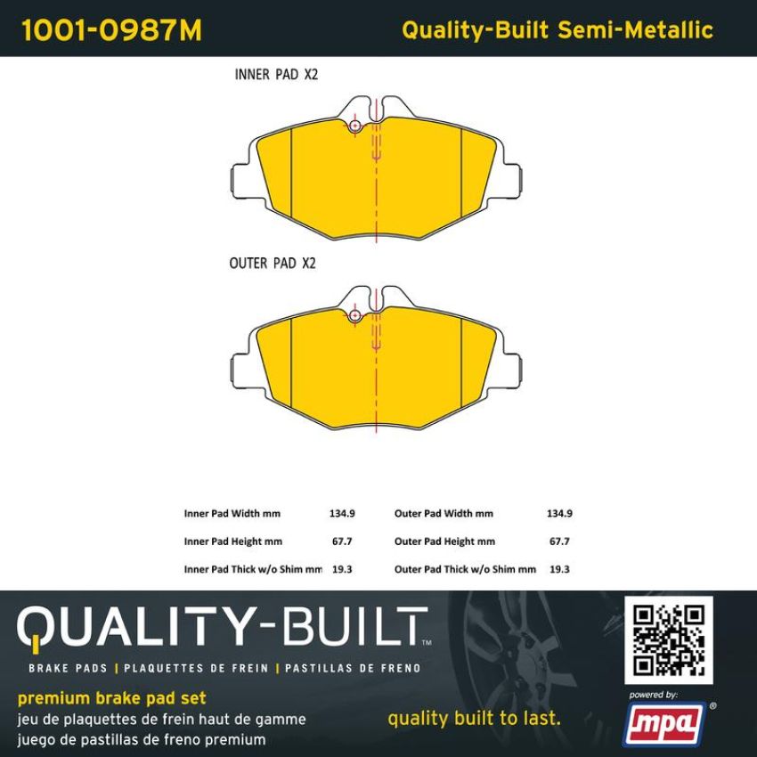 MPA 1001-0987M Quality-Built Premium Semi-Metallic Brake Pads w/ Hardware