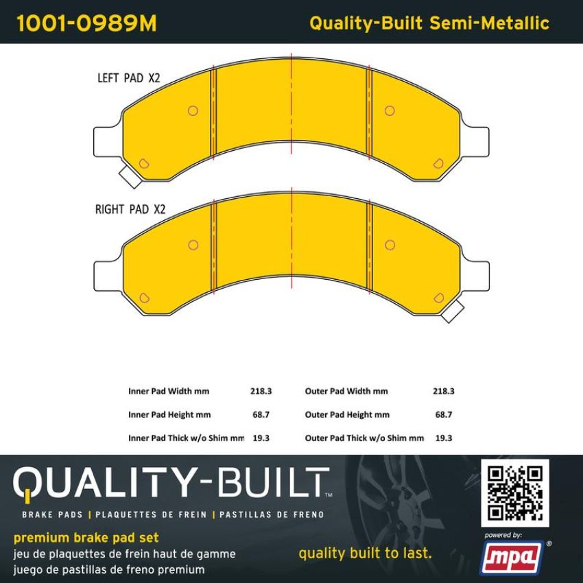 MPA 1001-0989M Quality-Built Premium Semi-Metallic Brake Pads w/ Hardware