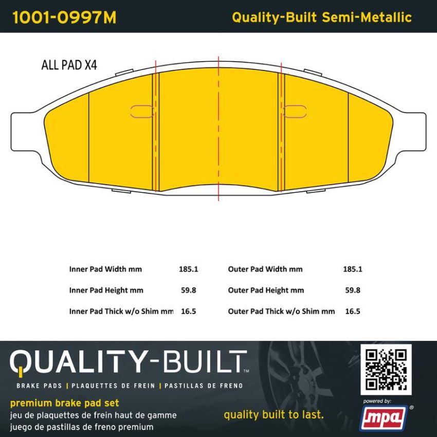 MPA 1001-0997M Quality-Built Premium Semi-Metallic Brake Pads w/ Hardware