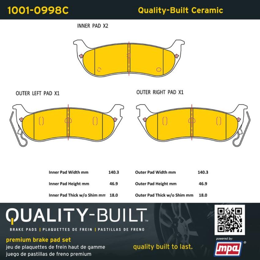 MPA 1001-0998C Quality-Built Premium Ceramic Brake Pads w/ Hardware