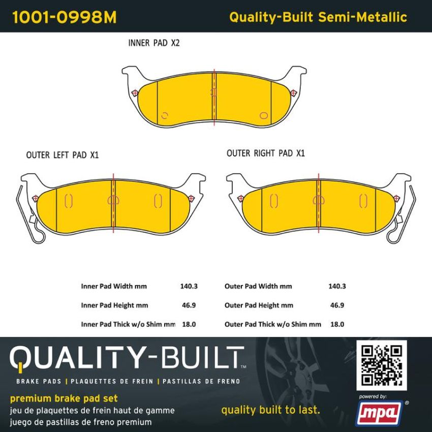 MPA 1001-0998M Quality-Built Premium Semi-Metallic Brake Pads w/ Hardware