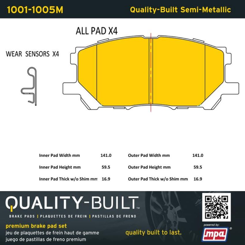 MPA 1001-1005M Quality-Built Premium Semi-Metallic Brake Pads w/ Hardware