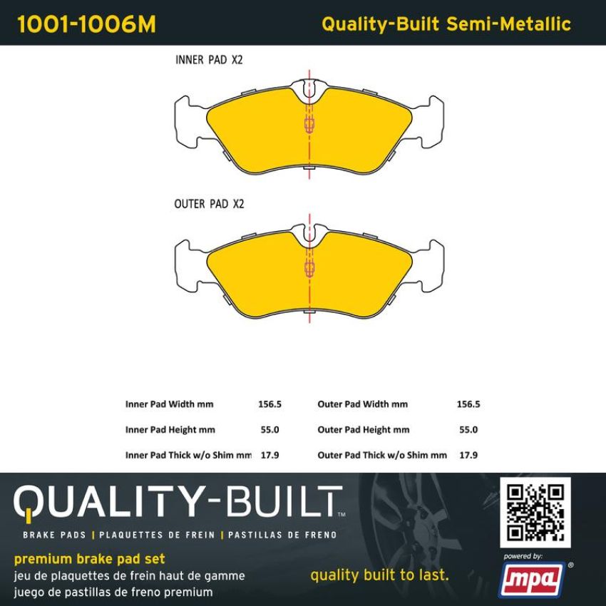 MPA 1001-1006M Quality-Built Premium Semi-Metallic Brake Pads w/ Hardware