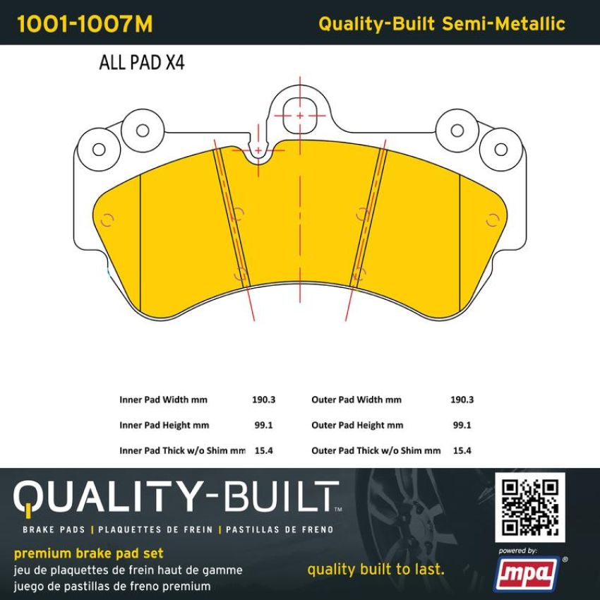 MPA 1001-1007M Quality-Built Premium Semi-Metallic Brake Pads w/ Hardware